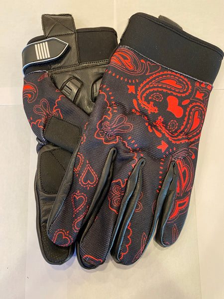 Red and Black Bandanna Print Riding Gloves