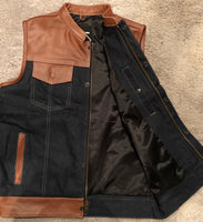 Brown Leather and Blue Denim Hybrid Riding Vest
